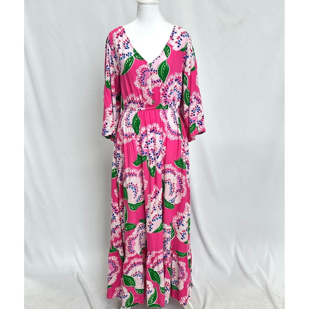 Mary Square Women Medium Maxi Dress Pink Floral Boho Cottagecore Tiered V-Neck